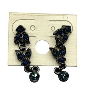 Gunmetal Leaf Drop Earrings Blue Rhinestones Dangle